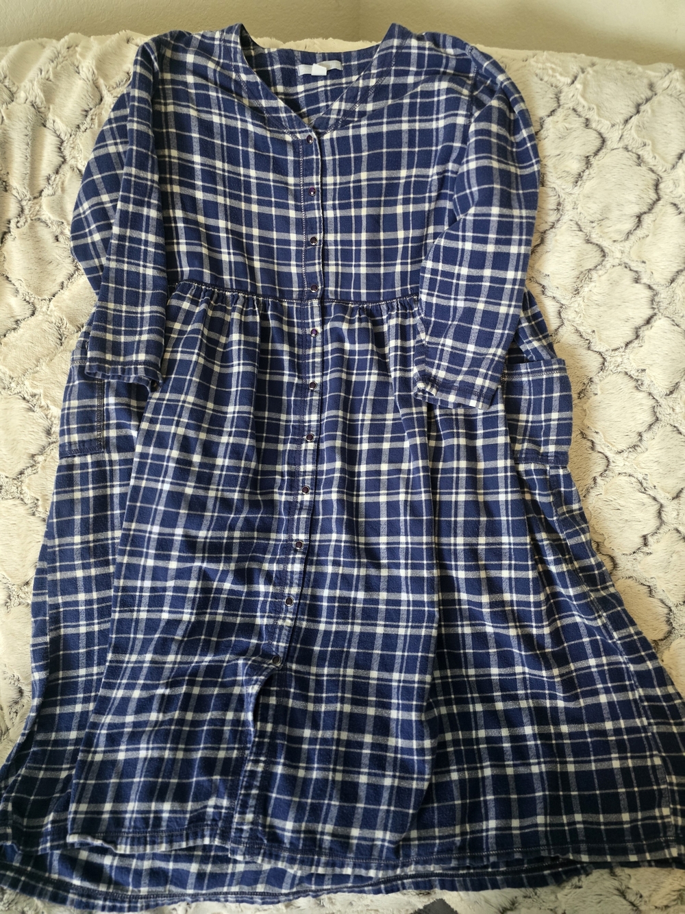 Only Necessities Flannel Navy Plaid Button-Front Nightgown House Dress SZ 1X EUC